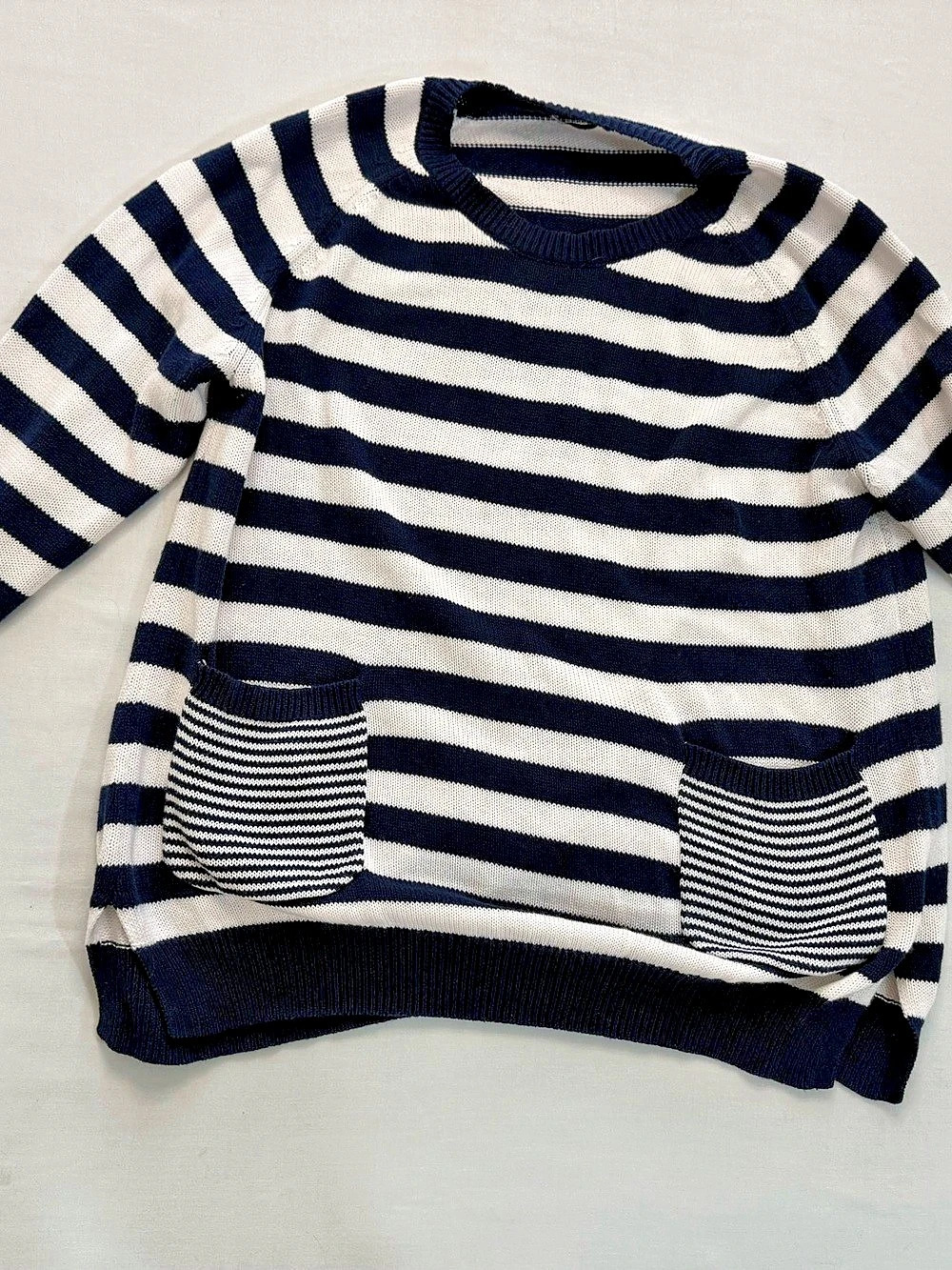 Zaket & Plover Stripe Pocket Crewneck Sweater Blue & White Medium